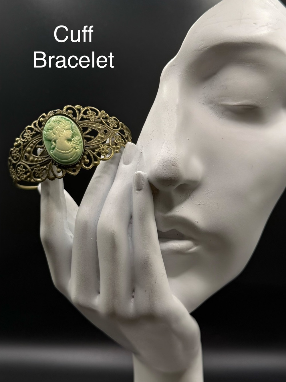 Vintage-Inspired Green Cameo Cuff Bracelet